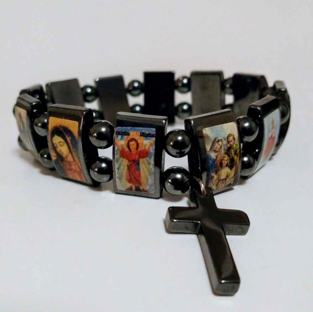 Religious Icons On Hematite Stone‎ Stretch Bracelet & Cross Beautiful